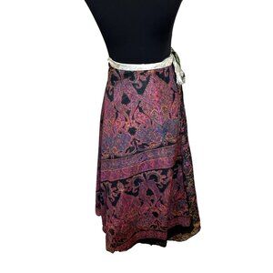 Vtg Reversible Womens Wrap Skirt Bohemian Paisley Floral Design Green Purple